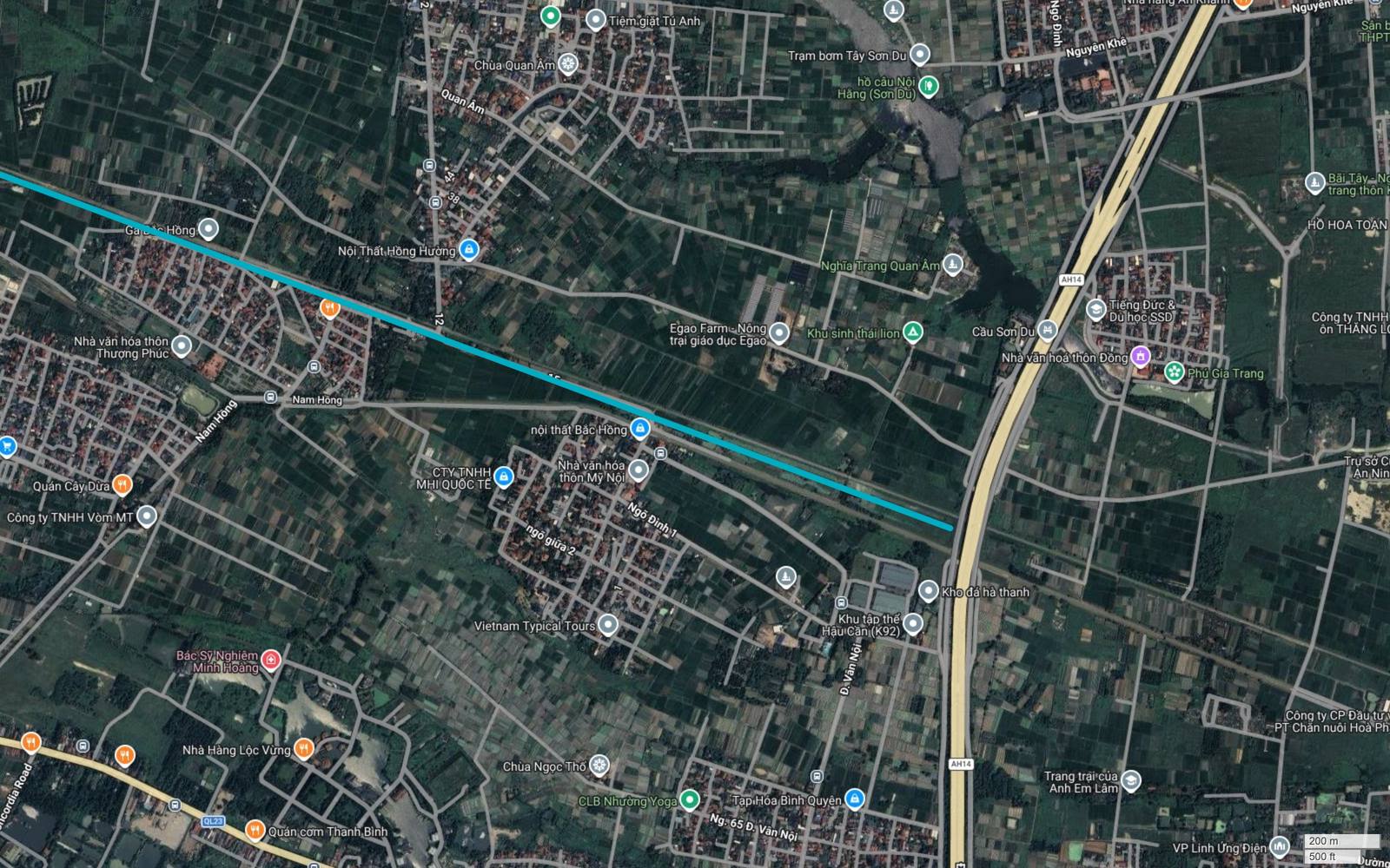 Điểm đầu tuyến metro số 6 Hà Nội tại khu Sơn Du, Nguyên Khê, Đông Anh: vạch xanh ngọc dừng lại sát trục AH14 gần Cầu Sơn Du và Nhà văn hoá thôn Đồng