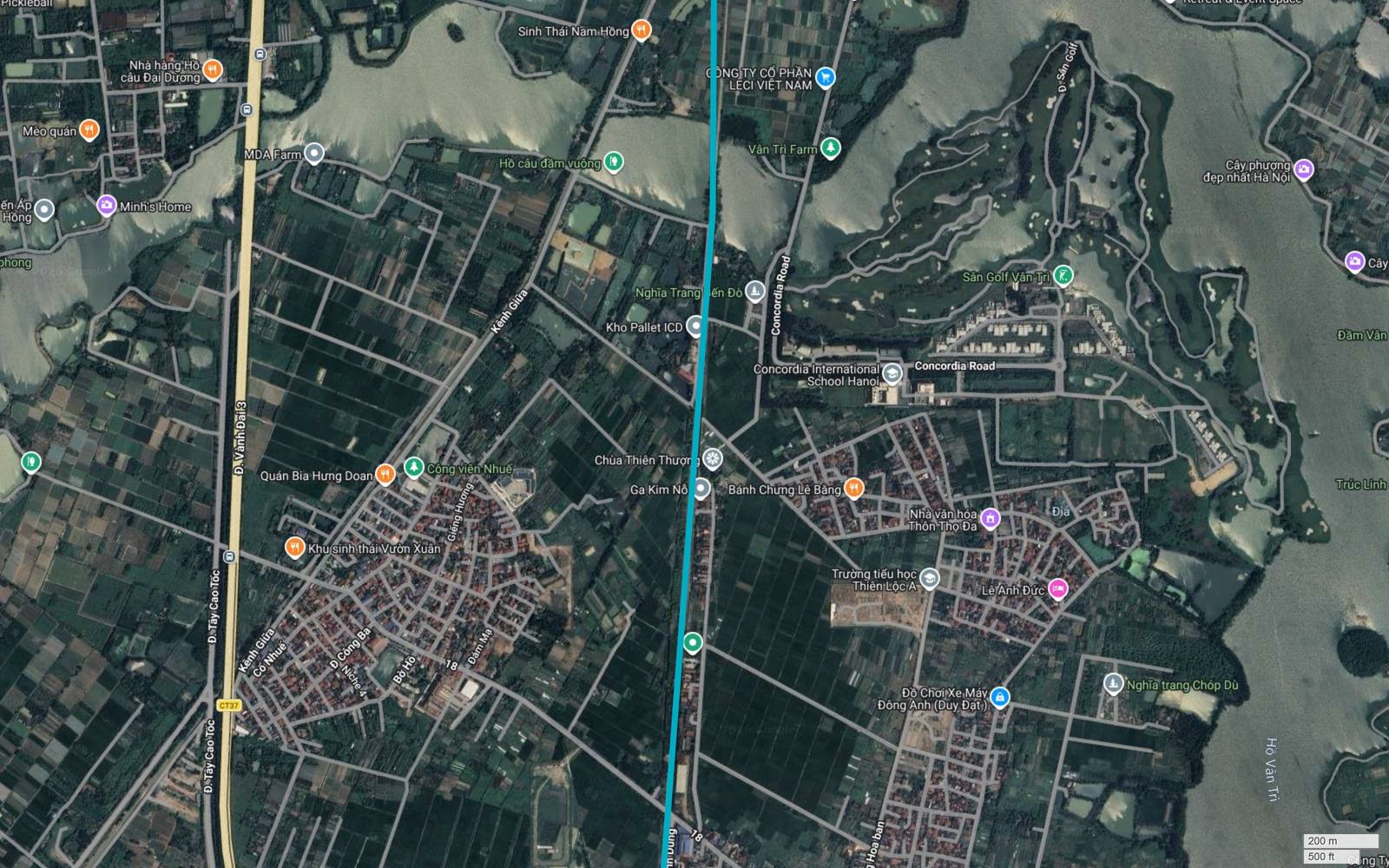Bản đồ metro số 6 Hà Nội qua khu Kim Nỗ, đi cạnh Concordia International School Hanoi, Sân Golf Vân Trì và nhãn Ga Kim Nỗ của đường sắt hiện hữu