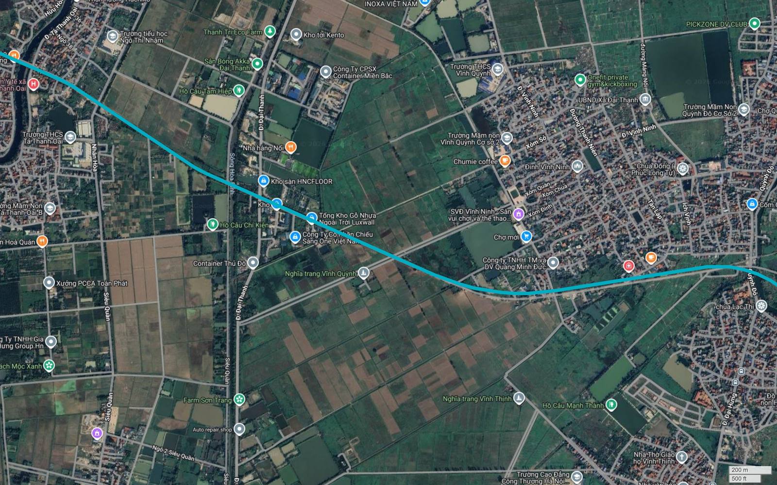 Bản đồ tuyến metro số 6 Hà Nội đi qua Vĩnh Ninh và Vĩnh Quỳnh, cạnh UBND Xã Đại Thanh, Đình Vĩnh Ninh và Chợ mới, chuẩn bị bẻ hướng về Ngọc Hồi